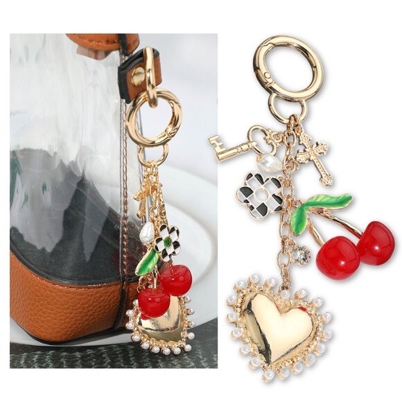 Cherry Pearl Heart Key Cross Flower Charm Embellished Keychain / Bag Charm - Picture 1 of 5